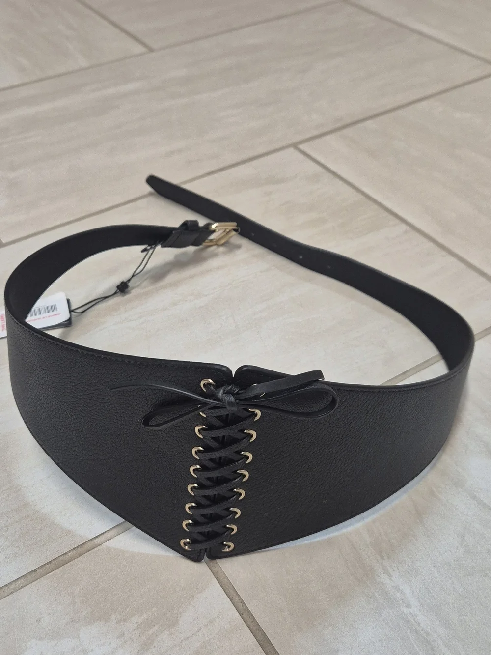BCBGMaxAzria Black Lace-Up Wide Waist Belt with Silver Buckle